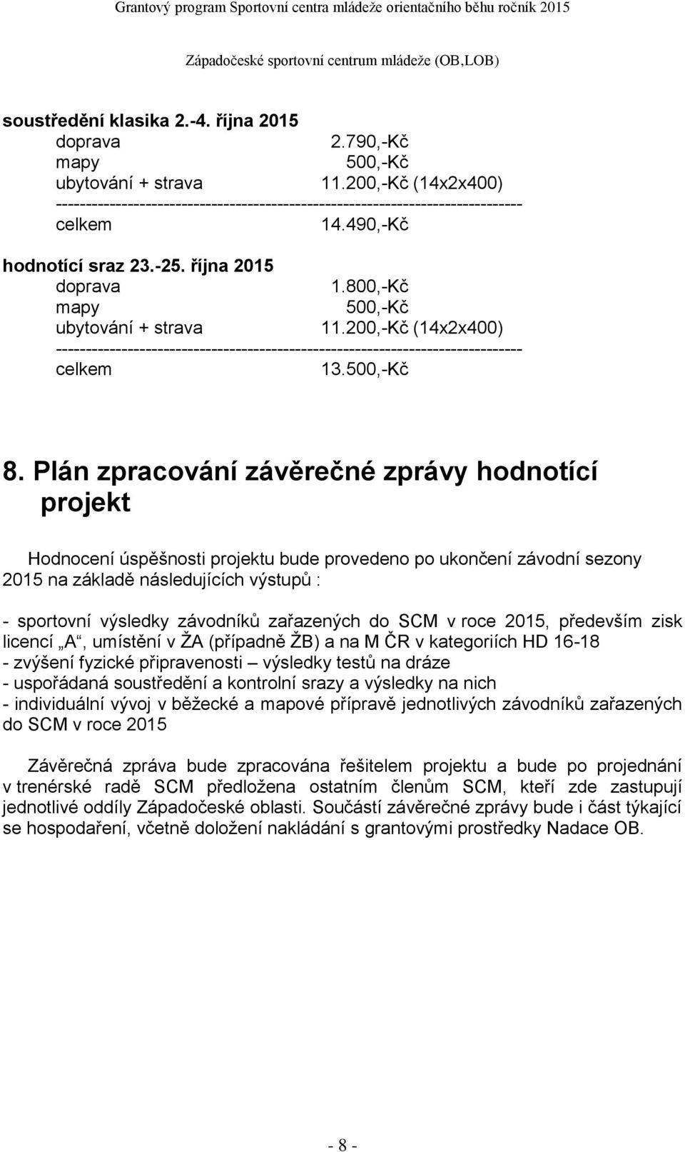 800,-Kč mapy 500,-Kč ubytování + strava 11.200,-Kč (14x2x400) ------------------------------------------------------------------------------ celkem 13.500,-Kč 8.