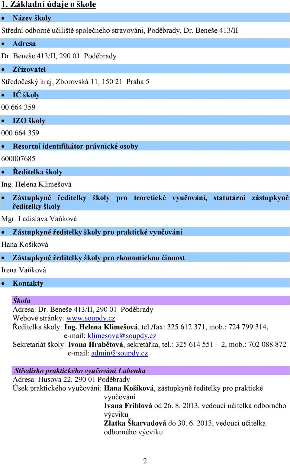 Ing. Helena Klimešová Zástupkyně ředitelky školy pro teoretické vyučování, statutární zástupkyně ředitelky školy Mgr.