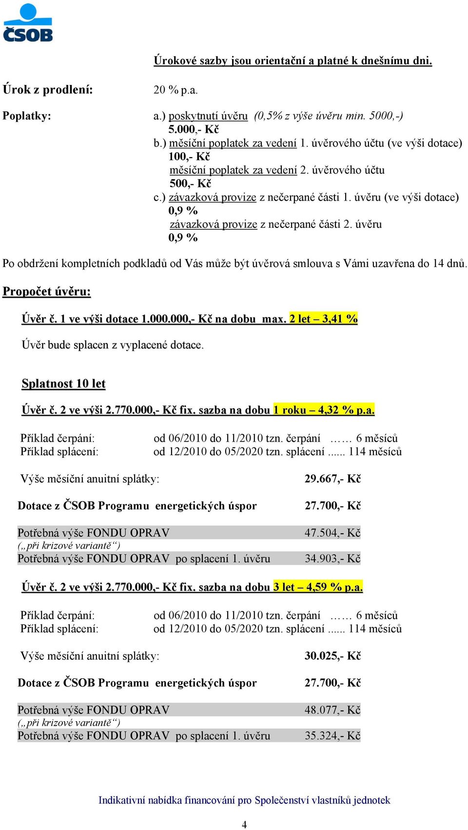 úvěru (ve výši dotace) 0,9 % závazková provize z nečerpané části 2. úvěru 0,9 % Po obdržení kompletních podkladů od Vás může být úvěrová smlouva s Vámi uzavřena do 14 dnů. Propočet úvěru: Úvěr č.