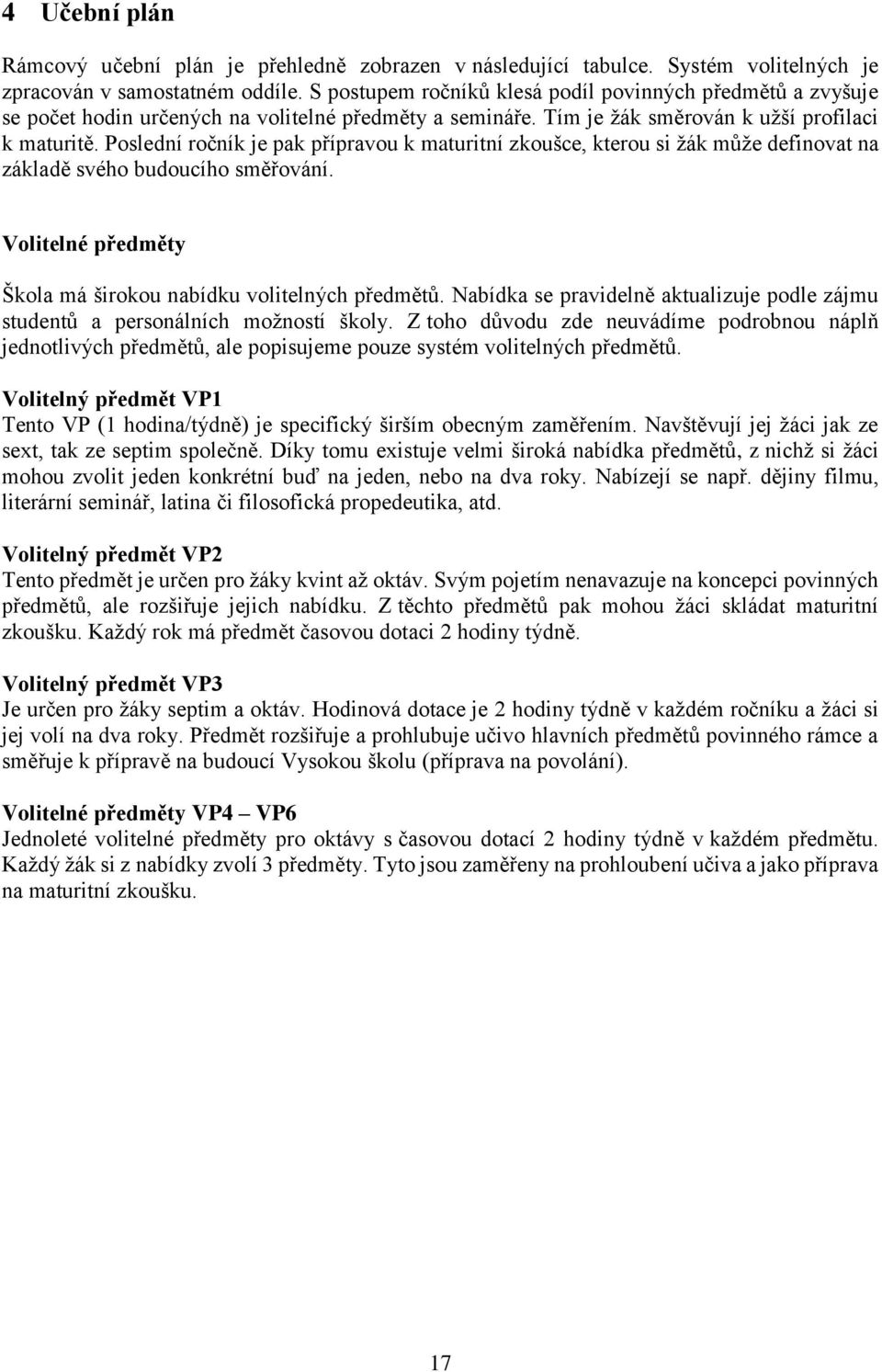 Poslední ročník je pak přípravou k maturitní zkoušce, kterou si žák může definovat na základě svého budoucího směřování. Volitelné předměty Škola má širokou nabídku volitelných předmětů.