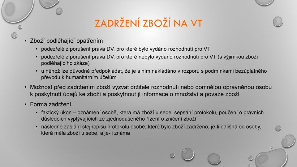 držitele rozhodnutí nebo domnělou oprávněnou osobu k poskytnutí údajů ke zboží a poskytnout jí informace o množství a povaze zboží Forma zadržení faktický úkon oznámení osobě, která má zboží u sebe,