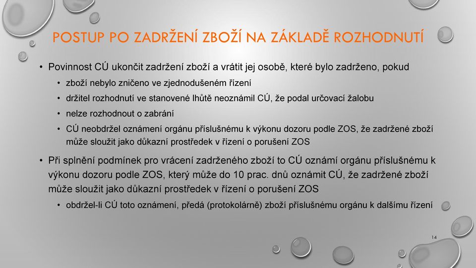 sloužit jako důkazní prostředek v řízení o porušení ZOS Při splnění podmínek pro vrácení zadrženého zboží to CÚ oznámí orgánu příslušnému k výkonu dozoru podle ZOS, který může do 10 prac.