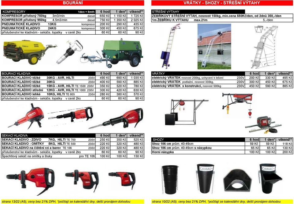 21m 5,-/den PNEUMATICKÉ KLADIVO 13KG kompresor 200 Kč 290 Kč 435 Kč PNEUMATICKÉ KLADIVO 24KG kompresor 300 Kč 450 Kč 675 Kč příslušenství ke kladivům - sekáče, lopatky v ceně 2ks 60 Kč 60 Kč 90 Kč