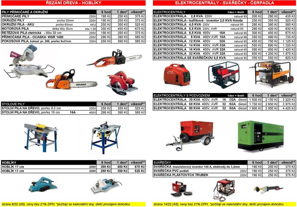 - AKU prořez 65mm AKU 250 Kč 350 Kč 525 Kč ELEKTROCENTRÁLA 4,5 KVA 230V natural 95 280 Kč 390 Kč 585 Kč MOTOROVÁ PILA délka lišty 35cm mix 1:50 350 Kč 450 Kč 675 Kč ELEKTROCENTRÁLA 5,5 KVA 230V, AVR