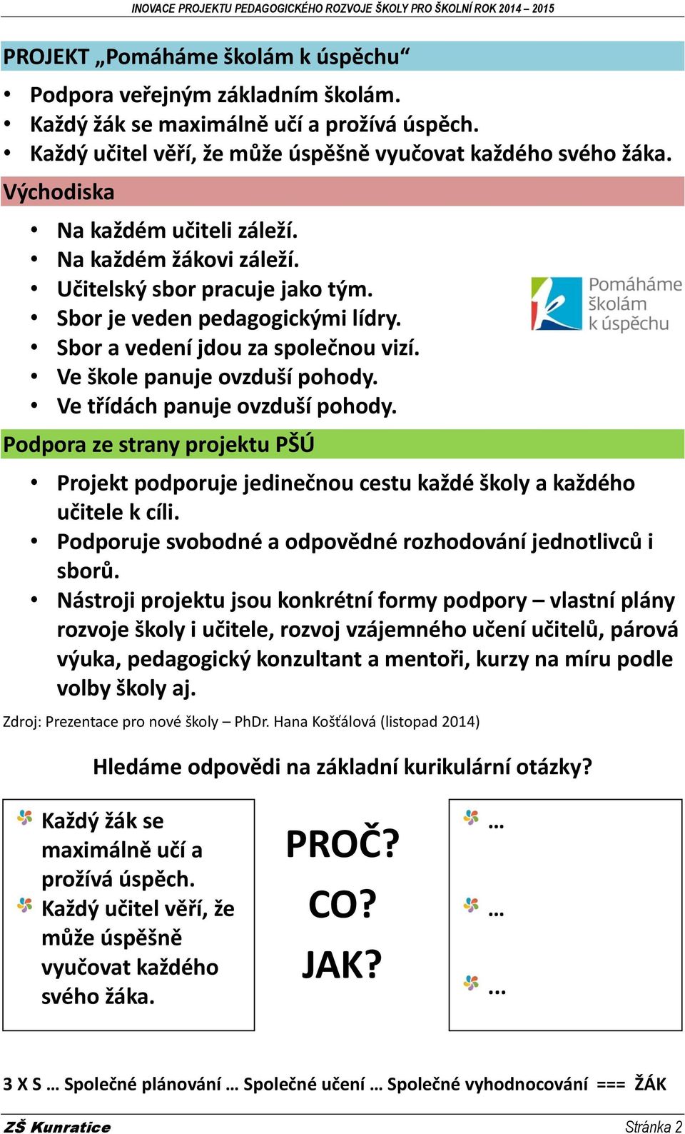 Sbor a vedení jdou za společnou vizí. Ve škole panuje ovzduší pohody. Ve třídách panuje ovzduší pohody.