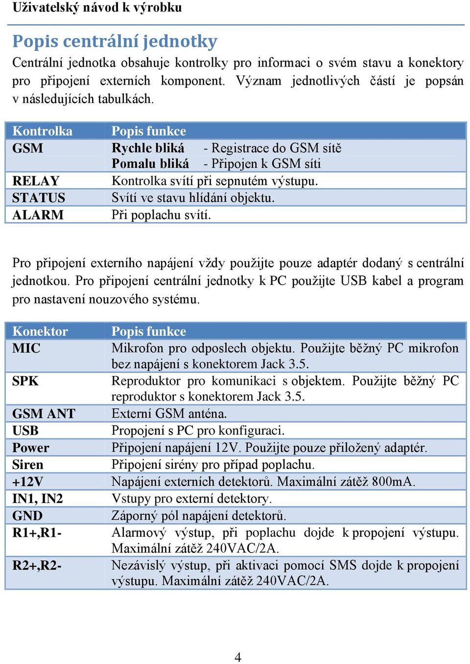 Kontrolka Popis funkce GSM Rychle bliká - Registrace do GSM sítě Pomalu bliká - Připojen k GSM síti RELAY Kontrolka svítí při sepnutém výstupu. STATUS Svítí ve stavu hlídání objektu.