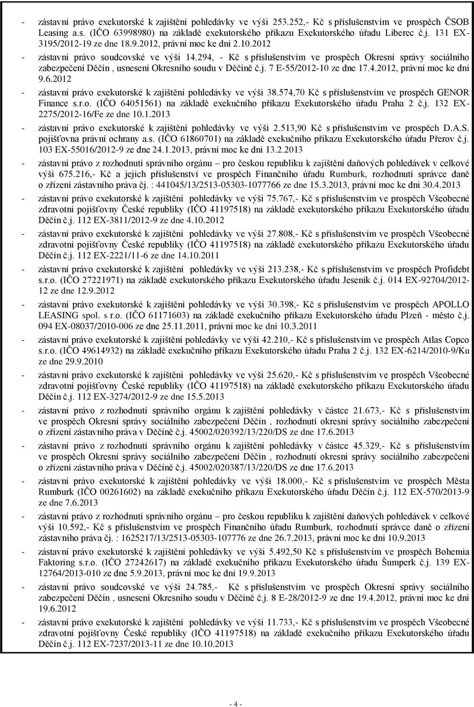 7 E-55/2012-10 ze dne 17.4.2012, právní moc ke dni 9.6.2012 - zástavní právo exekutorské k zajištění pohledávky ve výši 38.574,70 Kč s příslušenstvím ve prospěch GENOR Finance s.r.o. (IČO 64051561) na základě exekučního příkazu Exekutorského úřadu Praha 2 č.