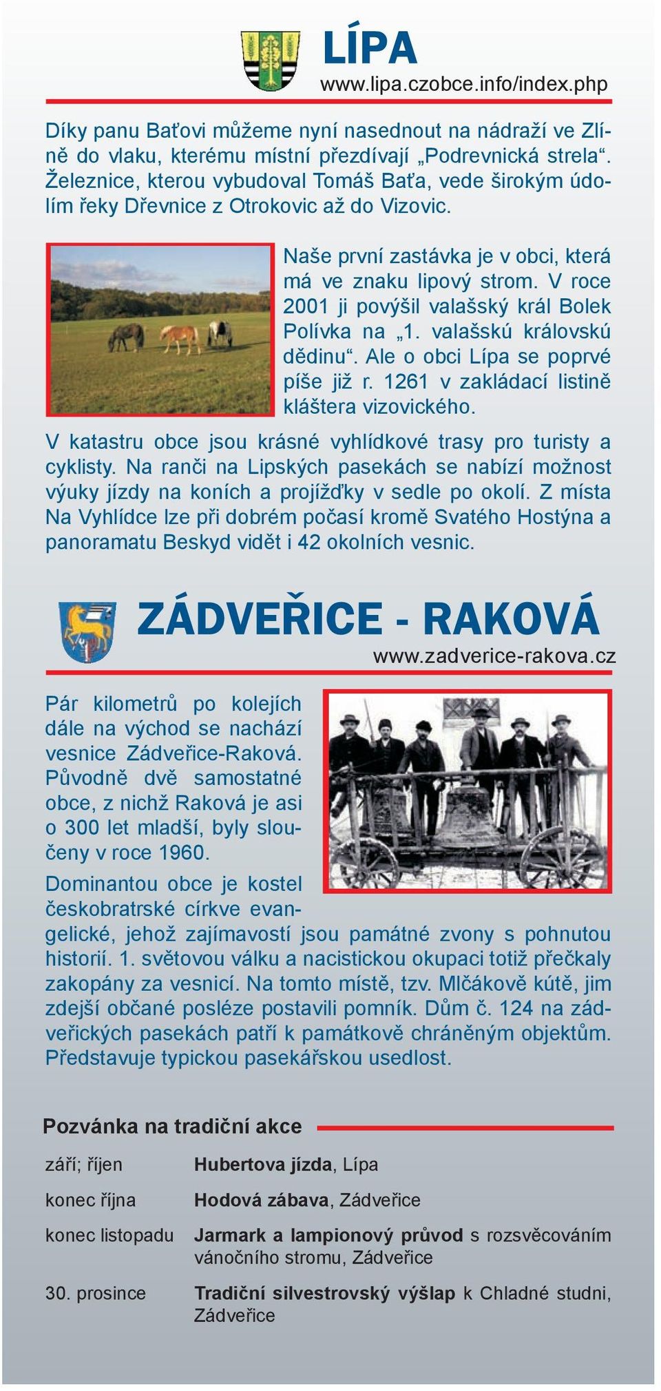 V roce 2001 ji povýšil valašský král Bolek Polívka na 1. valašskú královskú dědinu. Ale o obci Lípa se poprvé píše již r. 1261 v zakládací listině kláštera vizovického.