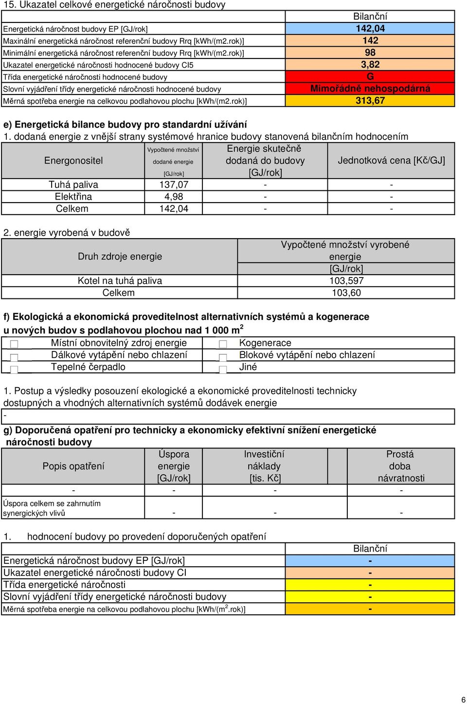 rok)] 98 Ukazatel energetické náročnosti hodnocené budovy CI5 Třída energetické náročnosti hodnocené budovy e) Energetická bilance budovy pro standardní užívání 1.