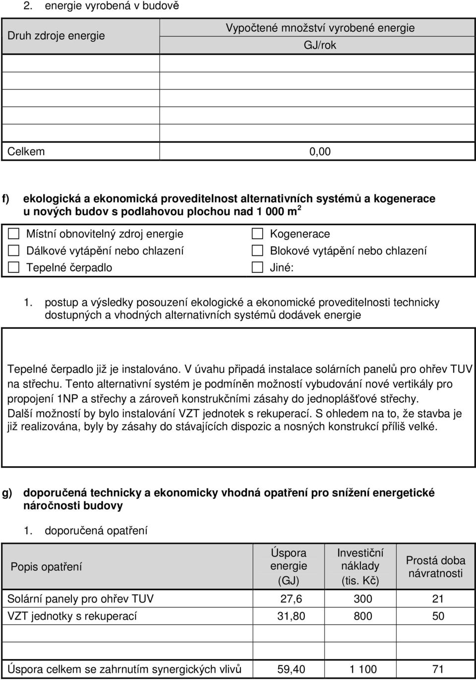 postup a výsledky posouzení ekologické a ekonomické proveditelnosti technicky dostupných a vhodných alternativních systémů dodávek energie Tepelné čerpadlo již je instalováno.