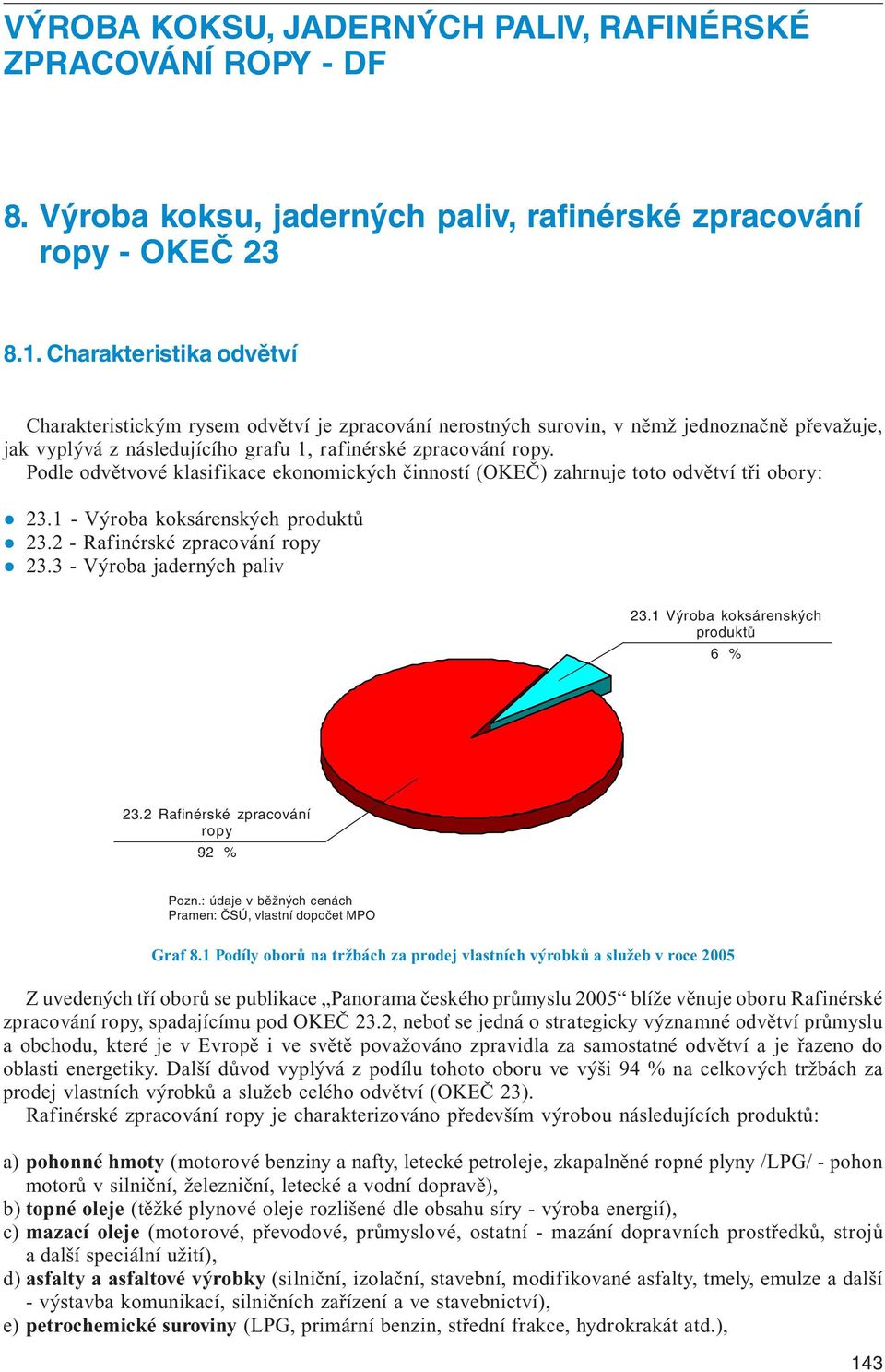 Podle odvětvové klasifikace ekonomických činností (OKEČ) zahrnuje toto odvětví tři obory: 23.1 - Výroba koksárenských produktů 23.2 - Rafinérské zpracování ropy 23.3 - Výroba jaderných paliv 23.