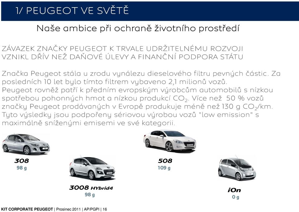 Peugeot rovněž patří k předním evropským výrobcům automobilů s nízkou spotřebou pohonných hmot a nízkou produkcí CO 2.