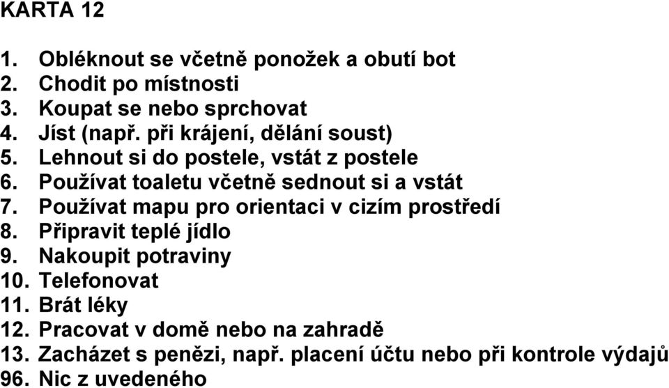 Používat mapu pro orientaci v cizím prostředí 8. Připravit teplé jídlo 9. Nakoupit potraviny 10. Telefonovat 11.