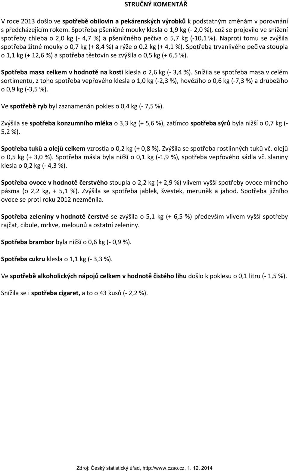 Naproti tomu se zvýšila spotřeba žitné mouky o 0,7 kg (+ 8,4 %) a rýže o 0,2 kg (+ 4,1 %). Spotřeba trvanlivého pečiva stoupla o 1,1 kg (+ 12,6 %) a spotřeba těstovin se zvýšila o 0,5 kg (+ 6,5 %).