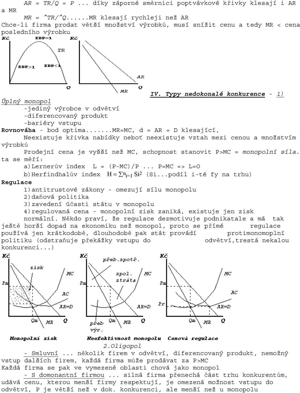 Typy nedokonalé konkurence - 1) Úplný monopol -jediný výrobce v odvětví -diferencovaný produkt -bariéry vstupu Rovnováha - bod optima.