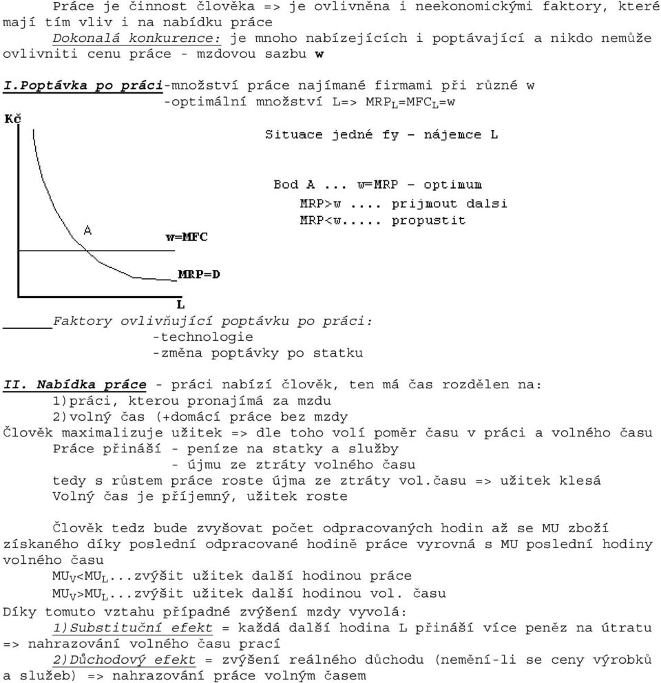 Poptávka po práci-množství práce najímané firmami při různé w -optimální množství L=> MRP L =MFC L =w Faktory ovlivňující poptávku po práci: -technologie -změna poptávky po statku II.