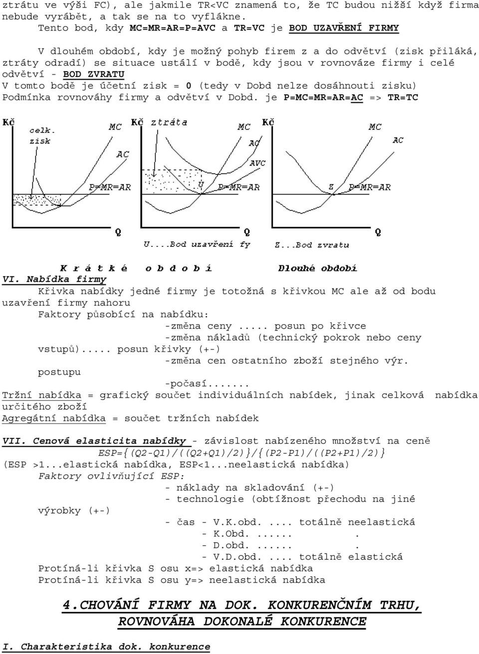 firmy i celé odvětví - BOD ZVRATU V tomto bodě je účetní zisk = 0 (tedy v Dobd nelze dosáhnouti zisku) Podmínka rovnováhy firmy a odvětví v Dobd. je P=MC=MR=AR=AC => TR=TC VI.