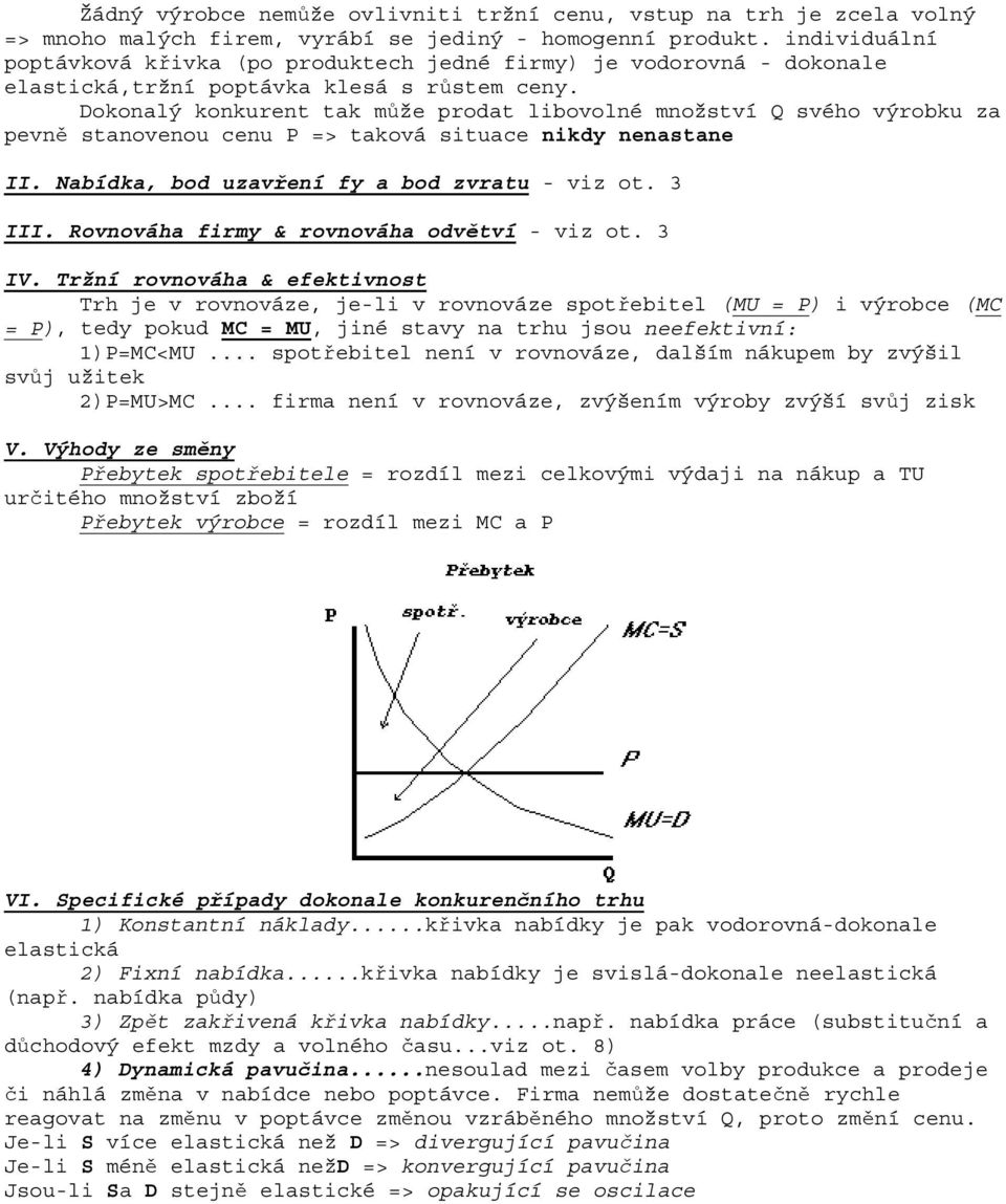 Dokonalý konkurent tak může prodat libovolné množství Q svého výrobku za pevně stanovenou cenu P => taková situace nikdy nenastane II. Nabídka, bod uzavření fy a bod zvratu - viz ot. 3 III.