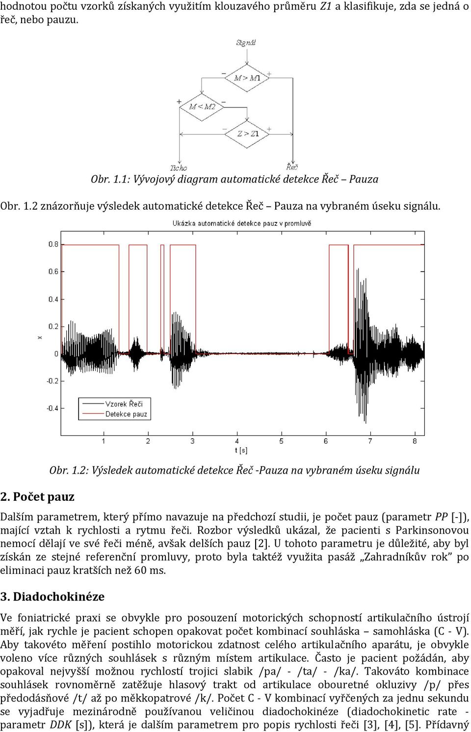2: Výsledek automatické detekce Řeč Pauza na vybraném úseku signálu Dalším parametrem, který přímo navazuje na předchozí studii, je počet pauz (parametr PP [ ]), mající vztah k rychlosti a rytmu řeči.