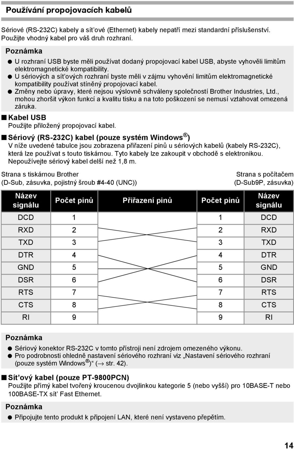 U sériových a sít ových rozhraní byste měli v zájmu vyhovění limitům elektromagnetické kompatibility používat stíněný propojovací kabel.