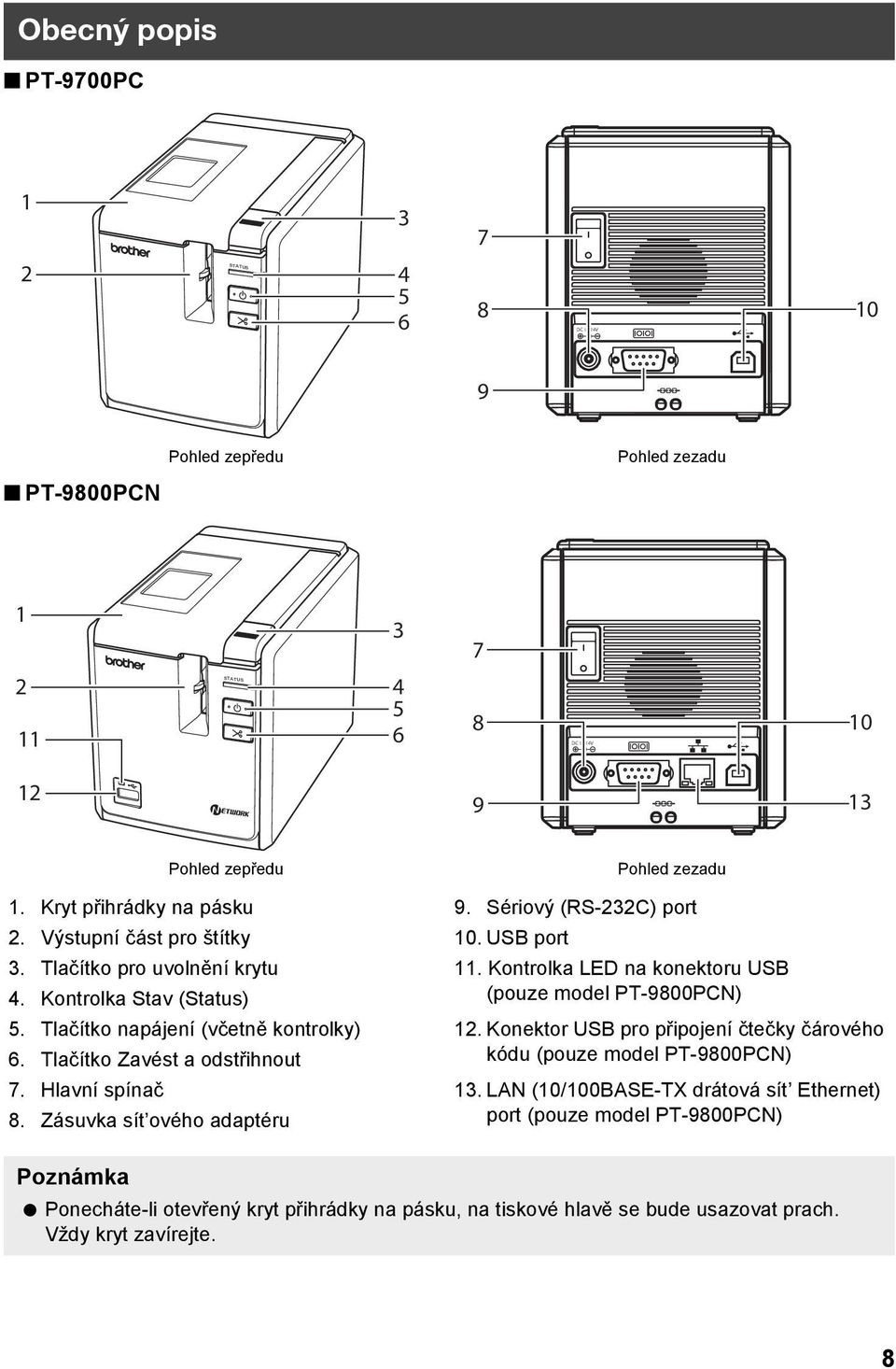 Kontrolka Stav (Status) (pouze model PT-9800PCN) 5. Tlačítko napájení (včetně kontrolky) 12. Konektor USB pro připojení čtečky čárového 6.