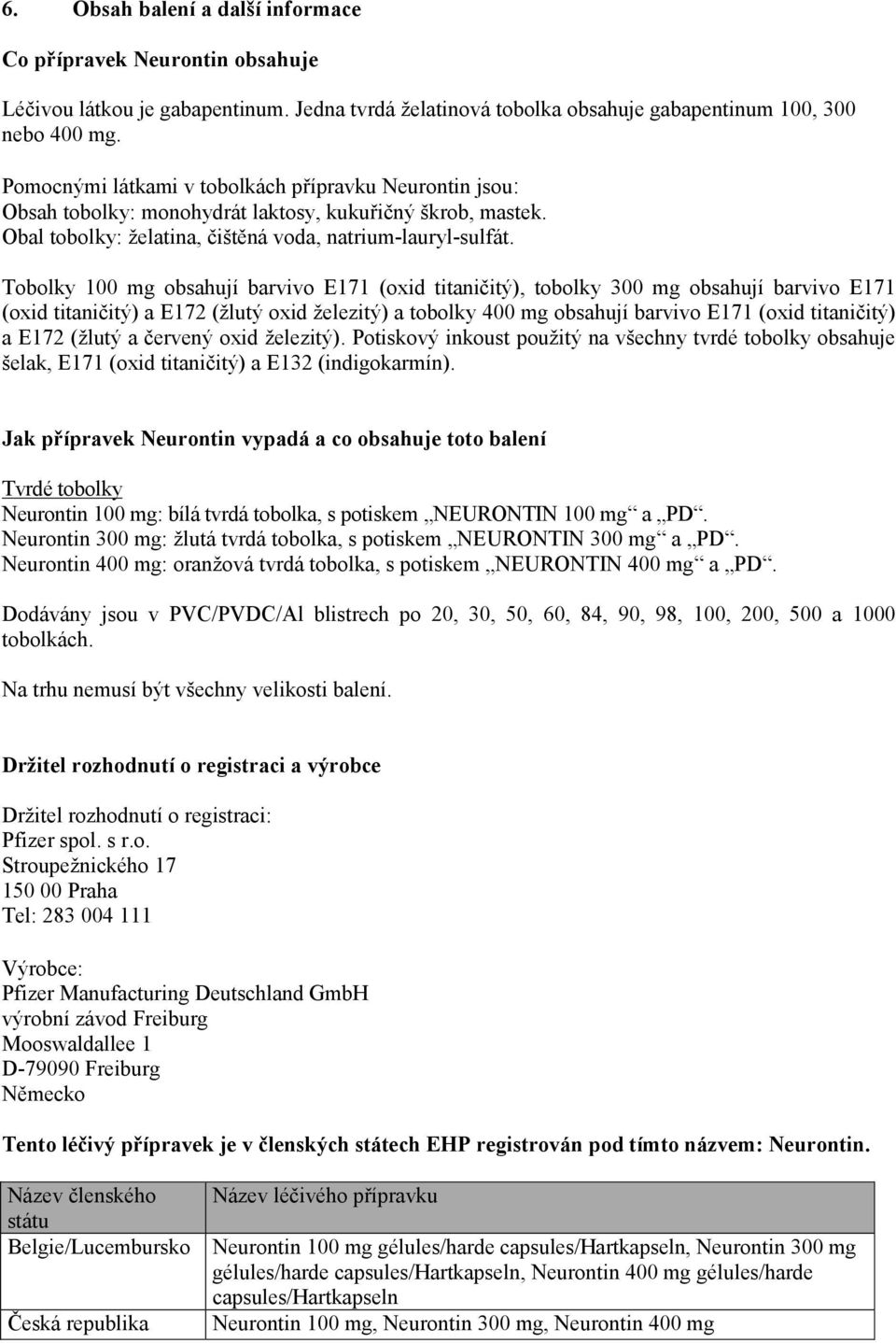 Tobolky 100 mg obsahují barvivo E171 (oxid titaničitý), tobolky 300 mg obsahují barvivo E171 (oxid titaničitý) a E172 (žlutý oxid železitý) a tobolky 400 mg obsahují barvivo E171 (oxid titaničitý) a