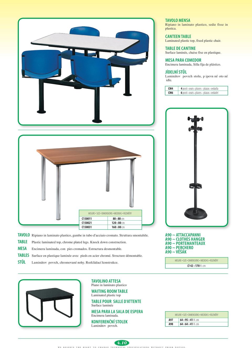 CM4 CM6 4 posti seats places plazas sedadla 6 posti seats places plazas sedadel C150011 80 x 80 cm C150021 120 x 80 cm C150031 160 x 80 cm tavolo Ripiano in laminato plastico, gambe in tubo d acciaio