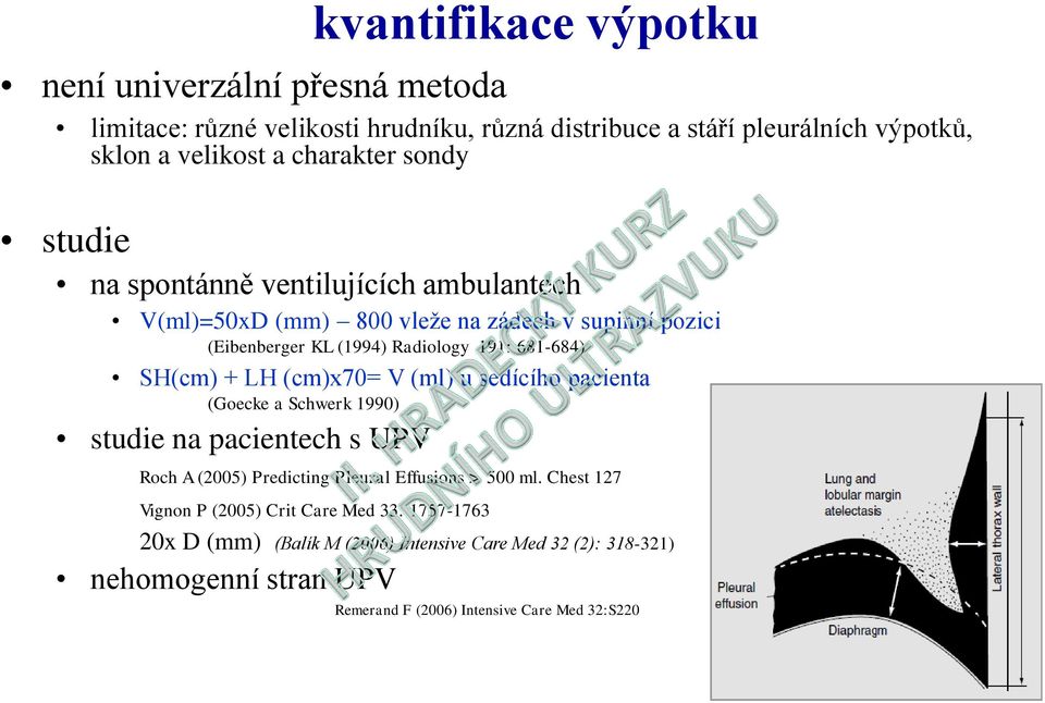 LH (cm)x70= V (ml) u sedícího pacienta (Goecke a Schwerk 1990) studie na pacientech s UPV Roch A (2005) Predicting Pleural Effusions > 500 ml.