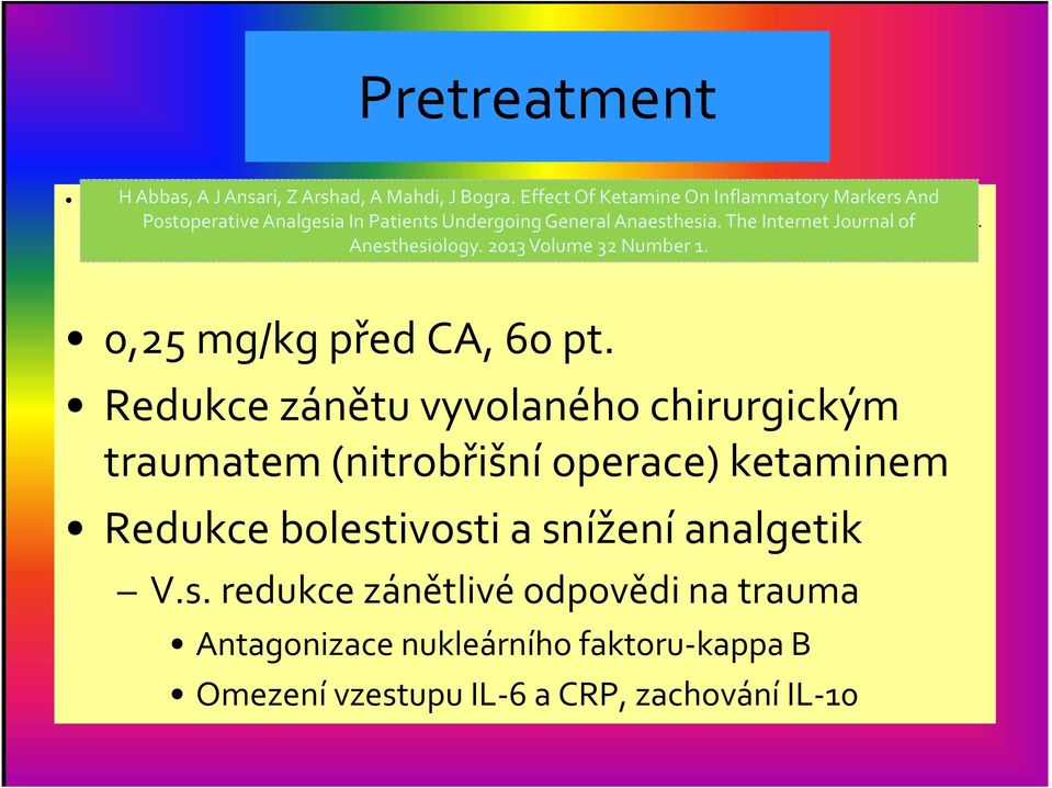 Effect Of Ketamine On Inflammatory Markers And Postoperative Analgesia In Patients Undergoing General Anaesthesia. The Internet Journal of Anesthesiology. 2013 Volume 32 Number 1.