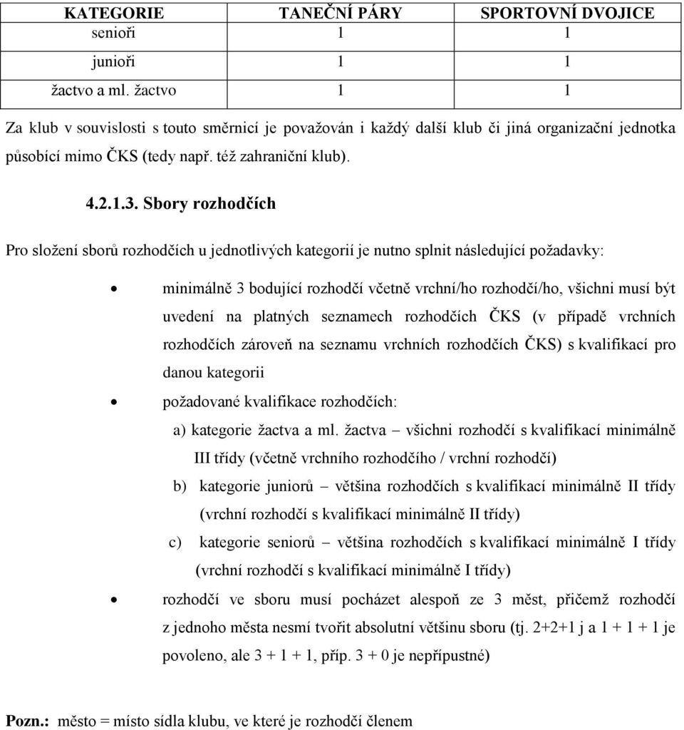 Sbory rozhodčích Pro složení sborů rozhodčích u jednotlivých kategorií je nutno splnit následující požadavky: minimálně 3 bodující rozhodčí včetně vrchní/ho rozhodčí/ho, všichni musí být uvedení na