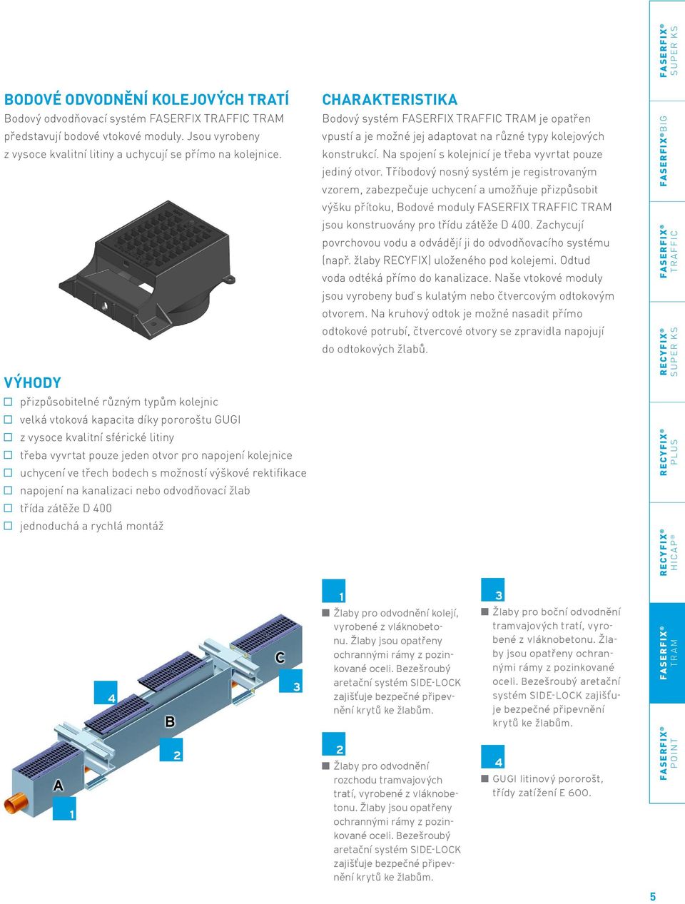 bodech s možností výškové rektifikace napojení na kanalizaci nebo odvodňovací žlab třída zátěže D 400 jednoduchá a rychlá montáž Charakteristika Bodový systém FASERFIX TRAFFIC TRAM je opatřen vpustí