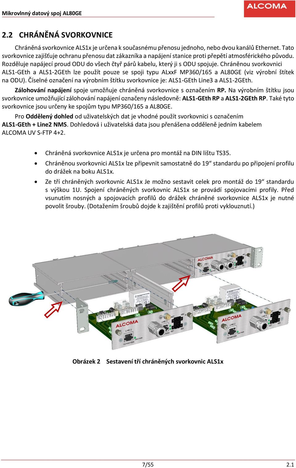 Chráněnou svorkovnici ALS1-GEth a ALS1-2GEth lze použít pouze se spoji typu ALxxF MP360/165 a AL80GE (viz výrobní štítek na ODU).