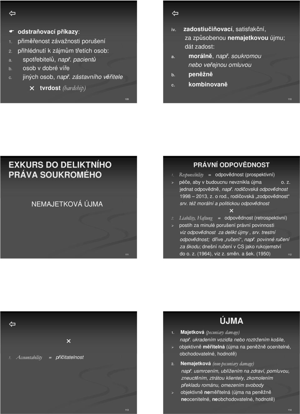 kombinovan 109 110 EXKURS DO DELIKTNÍHO PRÁVA SOUKROMÉHO NEMAJETKOVÁ ÚJMA 111 PRÁVNÍ ODPOVDNOST 1. Responsibility = odpovdnost (prospektivní) pée, aby v budoucnu nevznikla újma o. z.