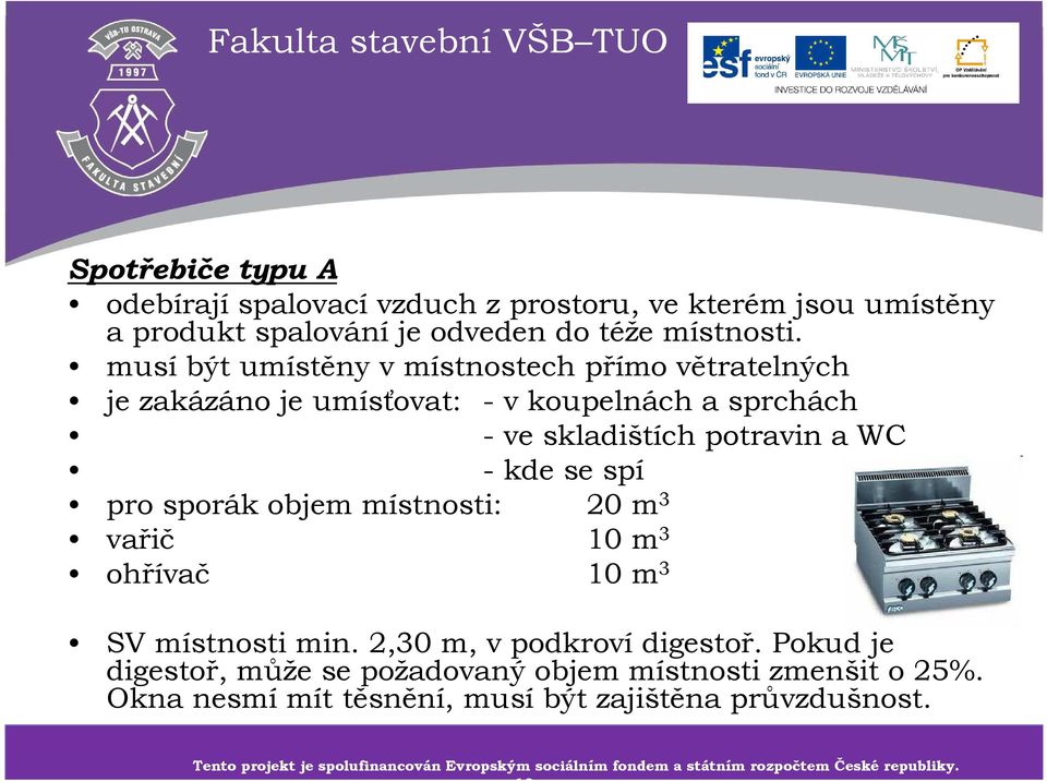 m 3 vařič 10 m 3 ohřívač 10 m 3 SV místnosti min. 2,30 m, vpodkrovídigestoř. Pokud je digestoř, může se požadovaný objem místnosti zmenšit o 25%.