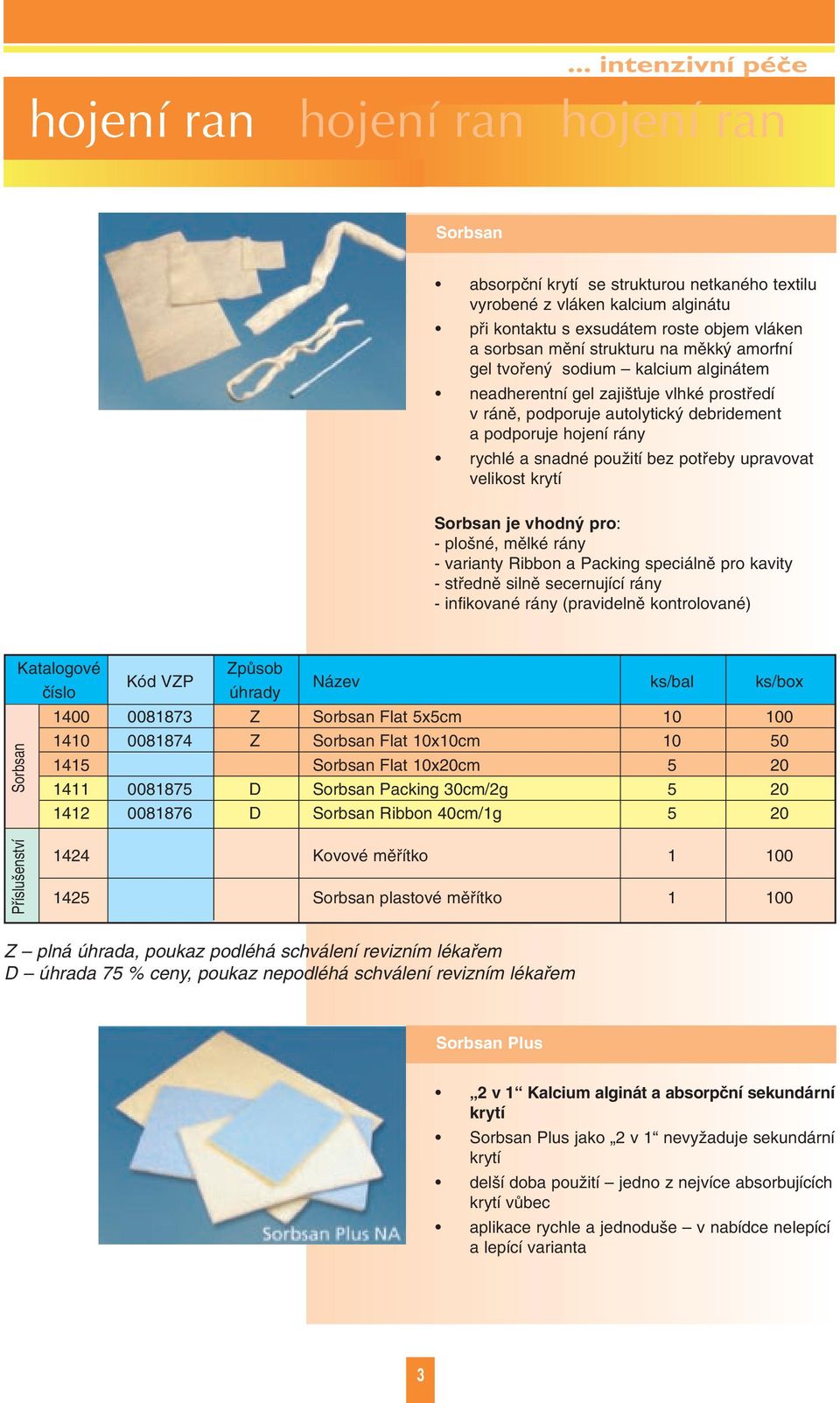 vhodn pro: - plo né, mûlké rány - varianty Ribbon a Packing speciálnû pro kavity - stfiednû silnû secernující rány - infikované rány (pravidelnû kontrolované) 1400 0081873 Z Sorbsan Flat 5x5cm 10 100