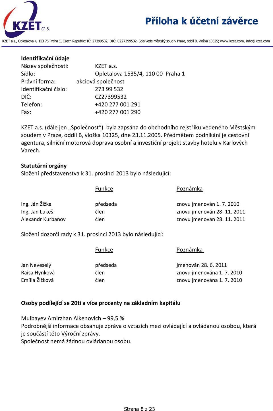 11.2005. Předmětem podnikání je cestovní agentura, silniční motorová doprava osobní a investiční projekt stavby hotelu v Karlových Varech. Statutární orgány Složení představenstva k 31.