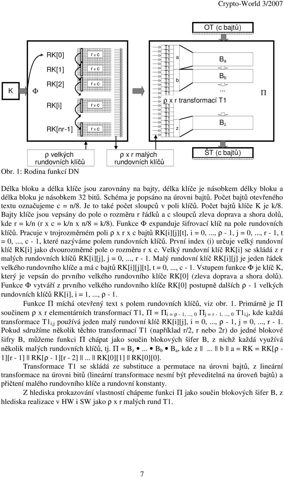 Schéma je popsáno na úrovni bajtů. Počet bajtů otevřeného textu označujeme c = n/8. Je to také počet sloupců v poli klíčů. Počet bajtů klíče K je k/8.