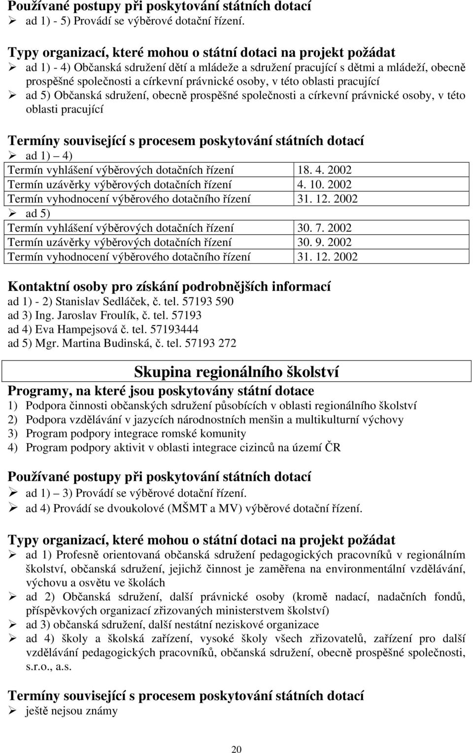 osoby, v této oblasti pracující ad 5) Občanská sdružení, obecně prospěšné společnosti a církevní právnické osoby, v této oblasti pracující Termíny související s procesem poskytování státních dotací