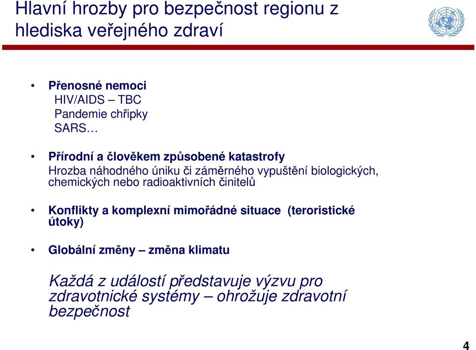 biologických, chemických nebo radioaktivních činitelů Konflikty a komplexní mimořádné situace (teroristické