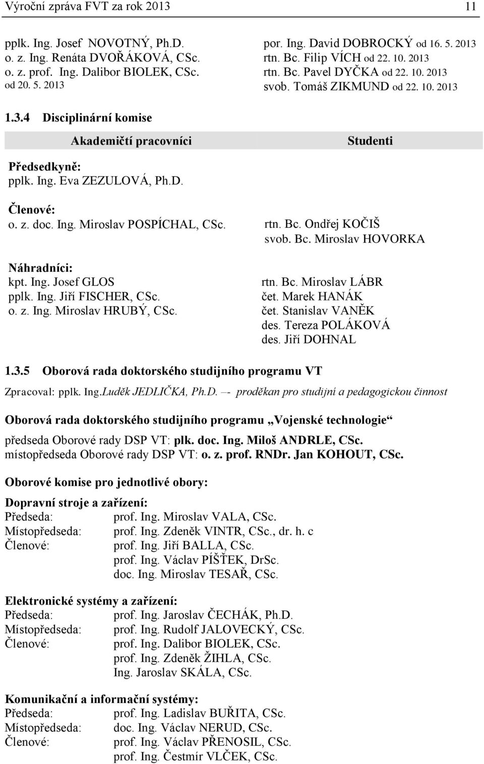 Eva ZEZULOVÁ, Ph.D. Členové: o. z. doc. Ing. Miroslav POSPÍCHAL, CSc. rtn. Bc. Ondřej KOČIŠ svob. Bc. Miroslav HOVORKA Náhradníci: kpt. Ing. Josef GLOS pplk. Ing. Jiří FISCHER, CSc. o. z. Ing. Miroslav HRUBÝ, CSc.