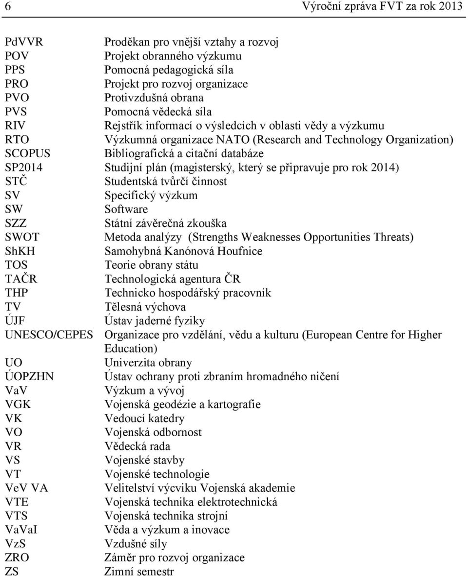 Studijní plán (magisterský, který se připravuje pro rok 2014) STČ Studentská tvůrčí činnost SV Specifický výzkum SW Software SZZ Státní závěrečná zkouška SWOT Metoda analýzy (Strengths Weaknesses