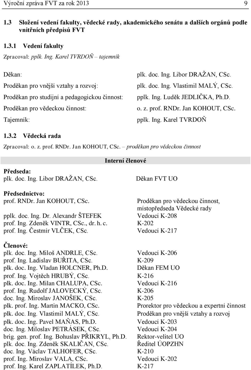 pplk. Ing. Luděk JEDLIČKA, Ph.D. o. z. prof. RNDr. Jan KOHOUT, CSc. pplk. Ing. Karel TVRDOŇ 1.3.2 Vědecká rada Zpracoval: o. z. prof. RNDr. Jan KOHOUT, CSc. proděkan pro vědeckou činnost Předseda: plk.