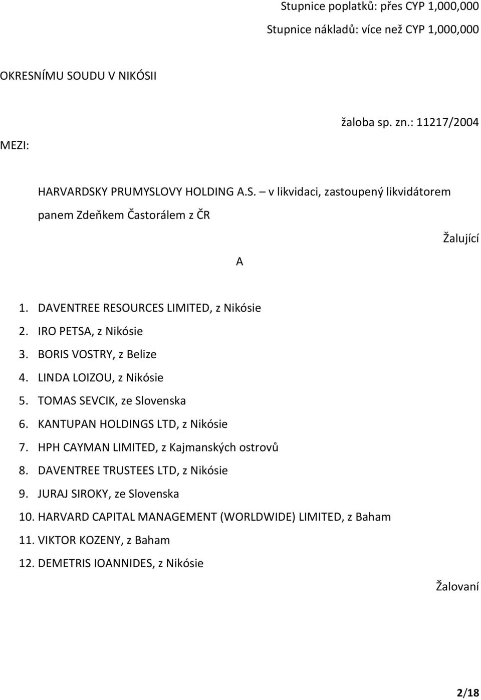 BORIS VOSTRY, z Belize 4. LINDA LOIZOU, z Nikósie 5. TOMAS SEVCIK, ze Slovenska 6. KANTUPAN HOLDINGS LTD, z Nikósie 7. HPH CAYMAN LIMITED, z Kajmanských ostrovů 8.