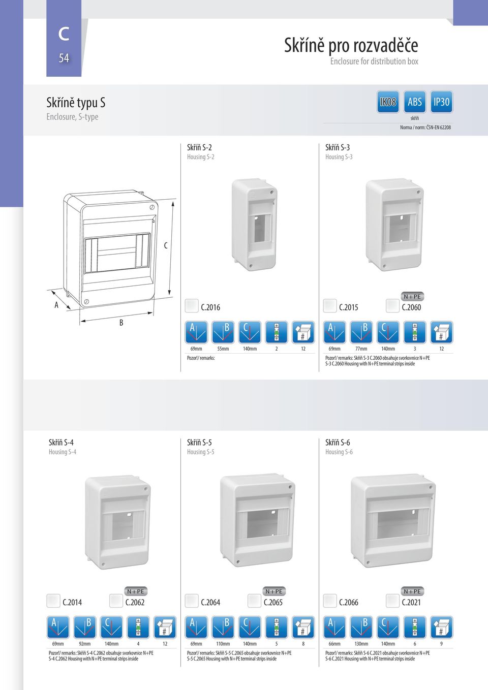 064 3 Skříň S-6 4 69mm Skříň S-5.06 Skříň S-3.060 obsahuje svorkovnice S-3.060 Housing with terminal strips inside Housing S-5.04 69mm.060.065 0mm.