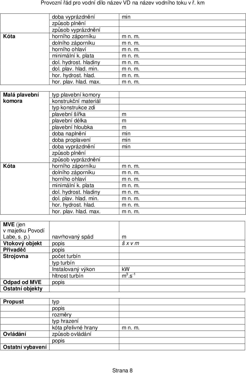. MVE (jen v ajetku Povodí Labe, s. p.) navrhovaný spád Vtokový objekt popis š x v Přivaděč Strojovna Odpad od MVE Ostatní objekty popis počet turbín typ turbín Instalovaný výkon kw hltnost turbín 3.