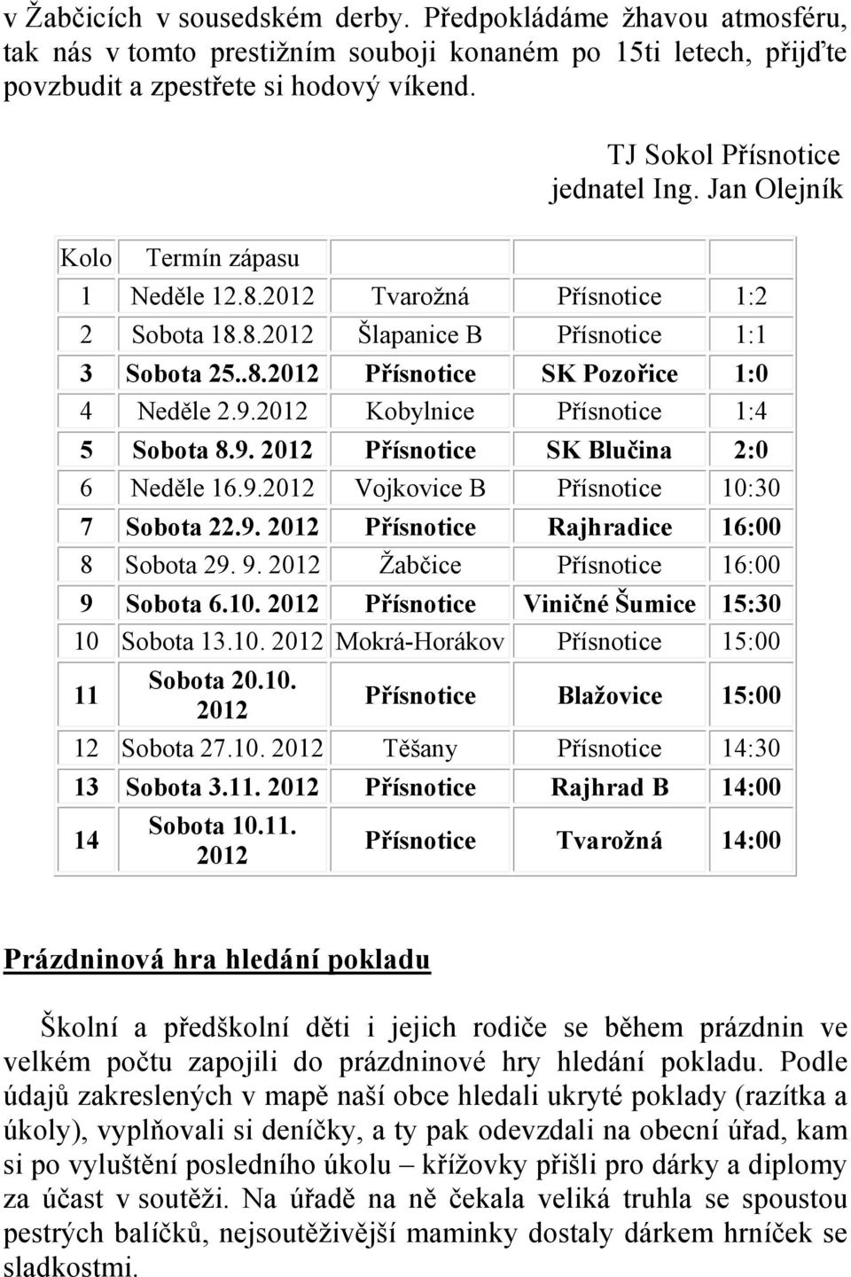 9.2012 Kobylnice Přísnotice 1:4 5 Sobota 8.9. 2012 Přísnotice SK Blučina 2:0 6 Neděle 16.9.2012 Vojkovice B Přísnotice 10:30 7 Sobota 22.9. 2012 Přísnotice Rajhradice 16:00 8 Sobota 29. 9.