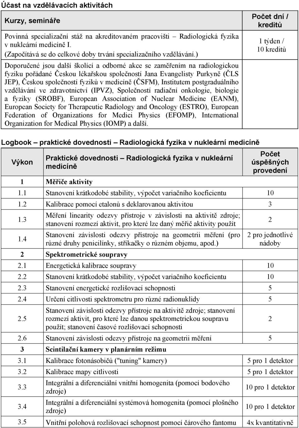 ) Doporuené jsou další školící a odborné akce se zamením na radiologickou fyziku poádané eskou lékaskou spoleností Jana Evangelisty Purkyn (LS JEP), eskou spoleností fyzik v medicín (SFM), Institutem