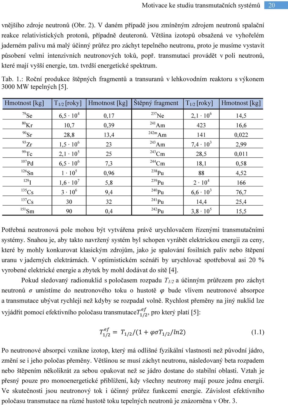 transmutaci provádět v poli neutronů, které mají vyšší energie, tzn. tvrdší energetické spektrum. Tab. 1.