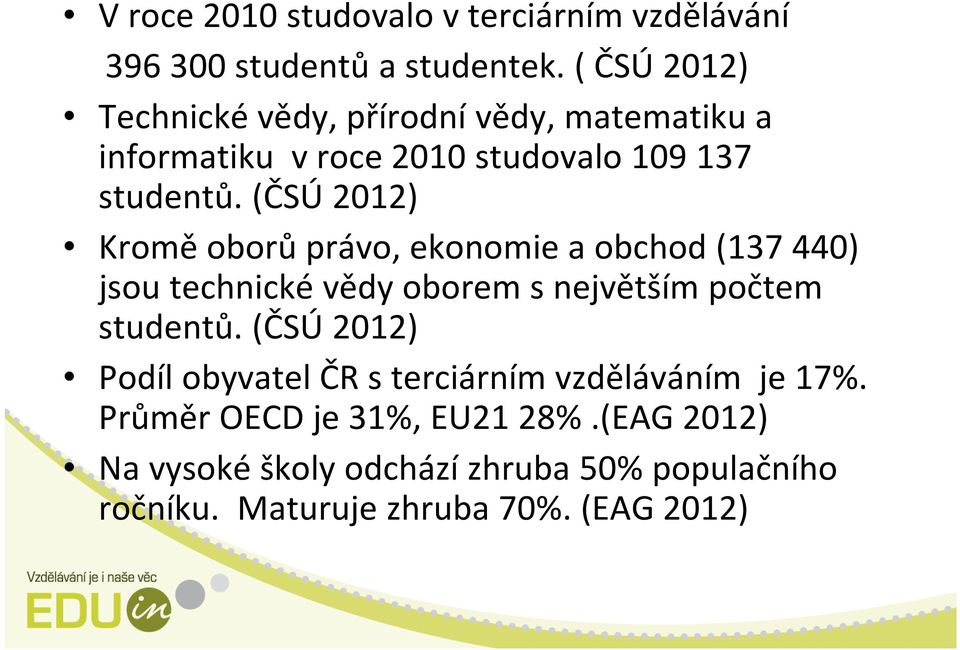 (ČSÚ 2012) Kromě oborů právo, ekonomie a obchod (137 440) jsou technické vědy oborem s největším počtem studentů.