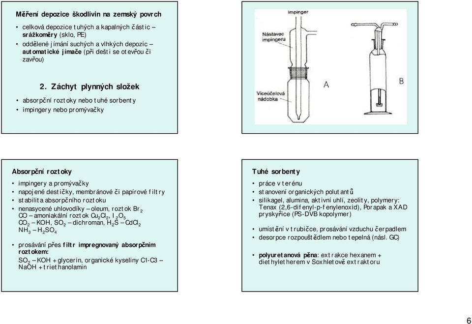 Záchyt plynných složek absorpční roztoky nebo tuhé sorbenty impingery nebo promývačky Absorpční roztoky impingery a promývačky napojené destičky, membránové či papírové filtry stabilita absorpčního